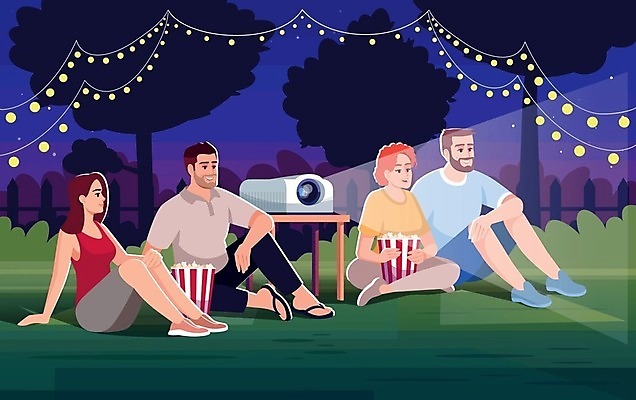 EPS 해외이미지 전신 커플 여자 남자 데이트 일러스트 휴식 함께함 앉기 성인 야간 팝콘 영사기 빔프로젝트 조명장식 프로젝터 성인만 야외극장 해외일러스트 자연요소 컨셉 관계 모션 조명 사람 장식 극장 파일형식 벡터 이미지허브