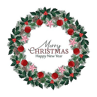 EPS 해외이미지 일러스트 타이포그라피 사람없음 초록색 소나무 해피뉴이어 원형프레임 호랑가시나무열매 오너먼트 해외일러스트 나무 문자 열매 컬러 크리스마스장식 프레임 새해인사 원형 파일형식 벡터 이미지허브