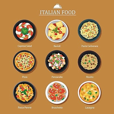 EPS 해외이미지 접시 디자인 일러스트 피자 사람없음 메뉴 까르보나라 라비올리 라자냐 리조또 브루스케타 카프레제 펜네 해외일러스트 식기 음식 패스트푸드 파스타 서양음식 샐러드 이탈리아음식 파일형식 벡터 이미지허브
