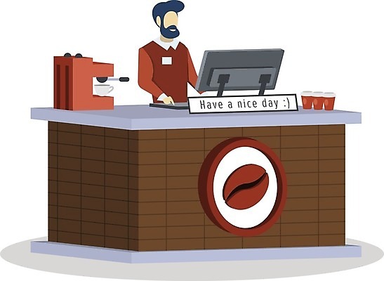 EPS 해외이미지 디자인 남자 커피 일러스트 사람없음 카페 커피잔 종업원 바리스타 카페테리아 에스프레소머신 포스기 해외일러스트 직업 음료 잔 사람 상점 기계 커피용품 파일형식 벡터 이미지허브