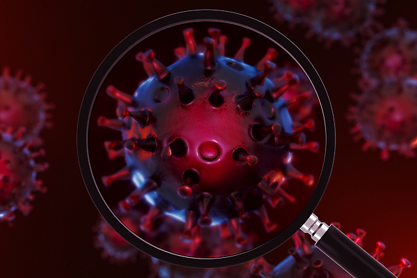 JPG 해외이미지 의학 돋보기 사람없음 빨간색 3D 바이러스 전염병 코로나바이러스 델타변이바이러스 오미크론 해외포토 포토 컬러 질병 디지털합성 파일형식 이미지허브