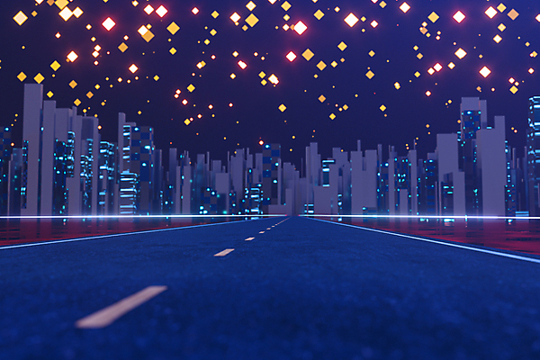 EPS 해외이미지 실루엣 도로 일러스트 밤하늘 사람없음 건물 빛 반짝임 고층빌딩 도시 남색 네온 스카이라인 해외일러스트 건축물 길 컬러 교통시설 모션 하늘 촬영기법 빌딩 야간 파일형식 벡터 이미지허브