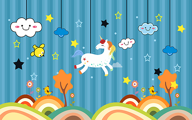 포토 JPG 해외이미지 나무 구름 디자인 별 벽 백그라운드 벽지 조류 추상 매달리기 사람없음 파란색 놀이방 어린이용 유니콘 해외포토 자연요소 식물 동물 컬러 무늬 모션 파일형식 이미지허브
