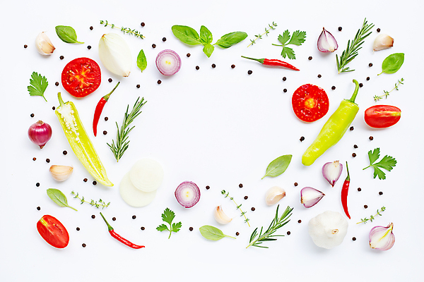 포토 JPG 해외이미지 백그라운드 채소 식재료 고추 양파 프레임 실내 마늘 사람없음 신선 흰배경 후추 로즈메리 적양파 카피스페이스 해외포토 내부 공백 흰색 허브 향신료 파일형식 이미지허브