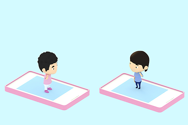 JPG 해외이미지 전신 여자 남자 어린이 분홍색 하늘색 일러스트 3D캐릭터 서기 소년 두명 스마트폰 3D 손들기 디지털 디지털산업 가상공간 화상통화 어린이만 메타버스 해외일러스트 캐릭터 산업 컬러 모션 사람 파란색 핸드폰 스마트기기 디지털합성 통화 파일형식 이미지허브