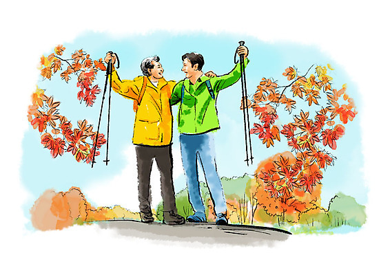 전신 PSD 남자 중년 단풍 일러스트 단풍나무 붓터치 수채화 미소 사람 두명 손들기 마주보기 가을풍경 기쁨 가을 정상 등산복 번짐 산행 등산스틱 중년남자만 국내일러스트 나무 옷 계절 감정 잎 모션 표정 풍경 성인 등산 등산용품 남자만 중년만 파일형식 효과 가을_계절