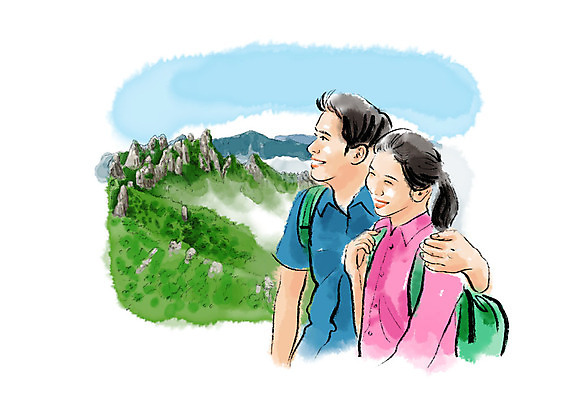 PSD 커플 여자 남자 일러스트 배낭 붓터치 수채화 미소 사람 풍경 상반신 성인 취미 두명 등산 가을 정상 번짐 산행 성인만 어깨에손 국내일러스트 계절 가방 관계 모션 표정 트래킹 파일형식 효과