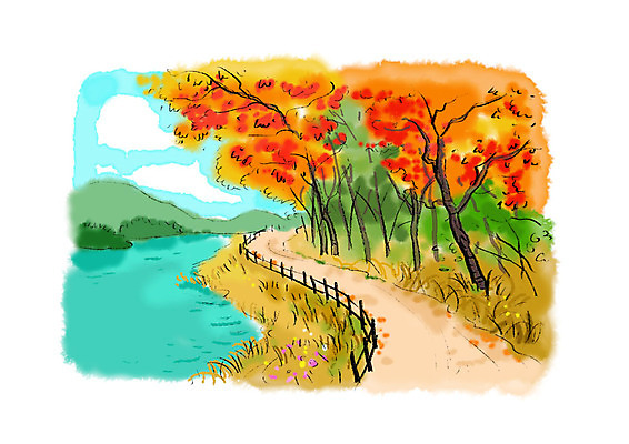 PSD 호수 단풍 일러스트 단풍나무 붓터치 수채화 사람없음 가을풍경 산책로 가을 번짐 국내일러스트 나무 계절 길 잎 풍경 파일형식 효과 가을_계절