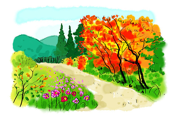 PSD 단풍 일러스트 단풍나무 붓터치 수채화 사람없음 가을풍경 가을 코스모스 번짐 국내일러스트 나무 계절 꽃 잎 풍경 파일형식 효과 가을_계절