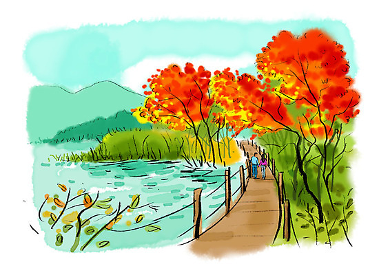 PSD 커플 여자 남자 호수 단풍 일러스트 단풍나무 붓터치 수채화 사람 성인 두명 가을풍경 산책 가을 번짐 나무다리 국내일러스트 나무 계절 잎 관계 휴식 풍경 다리_건축물 파일형식 효과 가을_계절