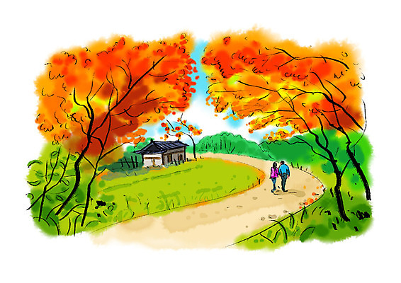 PSD 커플 여자 남자 단풍 일러스트 단풍나무 붓터치 수채화 사람 풍경 성인 두명 걷기 산책 가을 사찰 번짐 국내일러스트 나무 계절 잎 관계 종교건축 모션 휴식 파일형식 효과