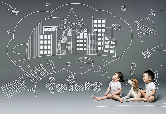 전신 PSD 편집이미지 한마리 응시 여자 남자 말풍선 상상 포토일러 미래 사람 앉기 빌딩 두명 한국인 인공위성 아기 강아지 우주선 비글 미래도시 반려 아기만 이미지편집 1 시선 컨셉 통신 모션 동양인 건물 반려동물 우주 도시 개 파일형식