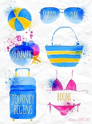 EPS 해외이미지 영어 가방 일러스트 수채화 사람없음 여름 파란색 세트 비키니 선글라스 쇼핑백 캐리어 비치볼 손그림 해외일러스트 문자 잡화 계절 수영복 안경 컬러 공 바캉스용품 여행가방 파일형식 벡터 이미지허브