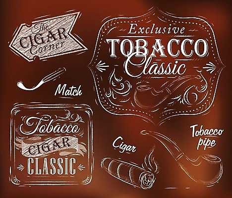 EPS 해외이미지 일러스트 수채화 흡연 담배 사람없음 세트 라벨 빈티지 심볼 손그림 담뱃대 해외일러스트 컨셉 프레임 파일형식 벡터 이미지허브