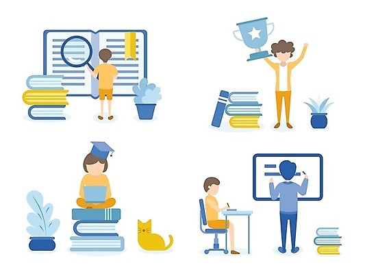 EPS 해외이미지 학생 여자 교육 일러스트 학사모 졸업 돋보기 들기 소년 여러명 성인 책 교사 트로피 온라인강의 해외일러스트 직업 모자_잡화 남자 어린이 다수 모션 사람 강의 상_우승 파일형식 벡터 언택트 이미지허브