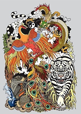 EPS 해외이미지 동양문화 전통 일러스트 사람없음 용 호랑이 거북이 문신 심볼 공상 서쪽 해외일러스트 문화 포유류 파충류 방향 파일형식 벡터 이미지허브