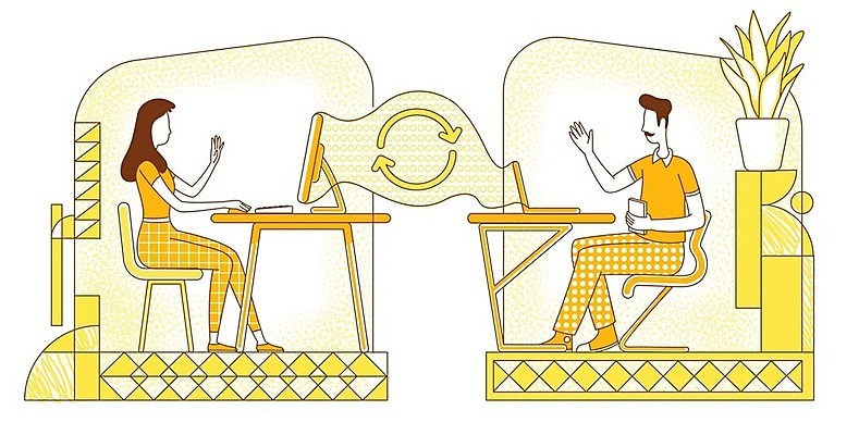 EPS 해외이미지 전신 여자 남자 화분 의자 일러스트 비즈니스 탁자 앉기 성인 두명 노트북 컴퓨터 노란색 인사 라인아트 화상통화 성인만 비대면면접 해외일러스트 선 컬러 가구 모션 사람 전자제품 예절 면접 통화 파일형식 벡터 언택트 이미지허브