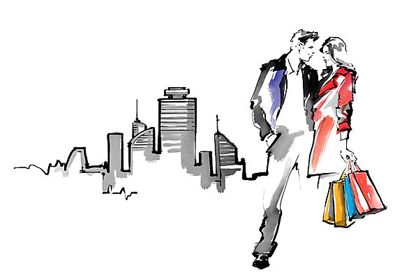 전신 PSD 커플 여자 남자 일러스트 캘리그라피 붓터치 미소 사람 빌딩 성인 두명 쇼핑 쇼핑백 마주보기 도시 번짐 성인만 국내일러스트 가방 관계 모션 표정 건물 파일형식 효과