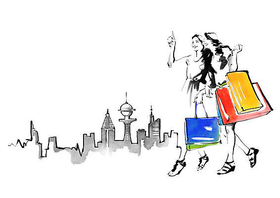 전신 PSD 여자 일러스트 캘리그라피 붓터치 미소 사람 빌딩 성인 두명 쇼핑 쇼핑백 가리킴 도시 즐거움 번짐 성인여자만 국내일러스트 감정 가방 표정 손짓 건물 여자만 성인만 파일형식 효과