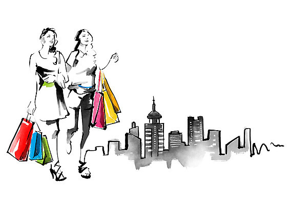 전신 PSD 여자 일러스트 캘리그라피 붓터치 미소 사람 빌딩 성인 두명 쇼핑 쇼핑백 도시 번짐 성인여자만 국내일러스트 가방 표정 건물 여자만 성인만 파일형식 효과