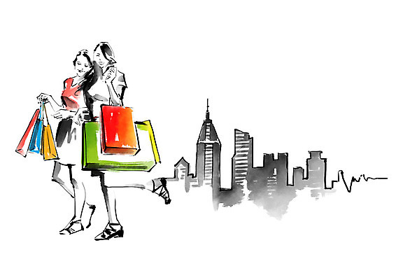 전신 PSD 여자 일러스트 캘리그라피 붓터치 미소 사람 빌딩 성인 두명 쇼핑 쇼핑백 도시 즐거움 번짐 성인여자만 국내일러스트 감정 가방 표정 건물 여자만 성인만 파일형식 효과