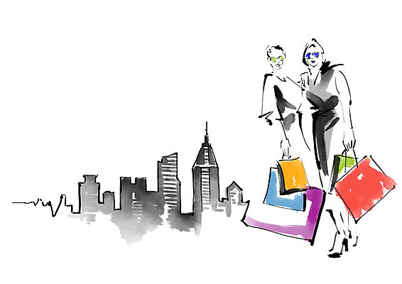 전신 PSD 여자 일러스트 캘리그라피 붓터치 미소 사람 빌딩 성인 두명 쇼핑 쇼핑백 도시 즐거움 번짐 성인여자만 국내일러스트 감정 가방 표정 건물 여자만 성인만 파일형식 효과