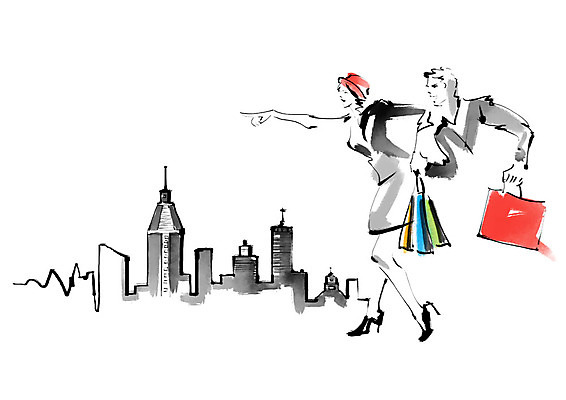 전신 PSD 커플 여자 남자 일러스트 캘리그라피 붓터치 사람 빌딩 상반신 성인 두명 쇼핑 쇼핑백 가리킴 도시 번짐 성인만 국내일러스트 가방 관계 손짓 건물 파일형식 효과