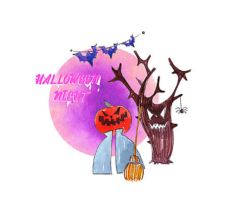 PSD 캐릭터 일러스트 사람없음 할로윈 보름달 망토 빗자루 박쥐 잭오랜턴 나무귀신 국내일러스트 일러캐릭터 포유류 달 유령 청소도구 파일형식