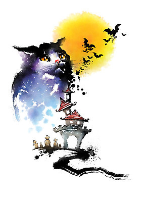 PSD 캐릭터 한마리 십자가 일러스트 캘리그라피 붓터치 사람없음 고양이 할로윈 보름달 공동묘지 성 비석 번짐 박쥐 국내일러스트 일러캐릭터 1 건축물 포유류 반려동물 달 무덤 파일형식 효과