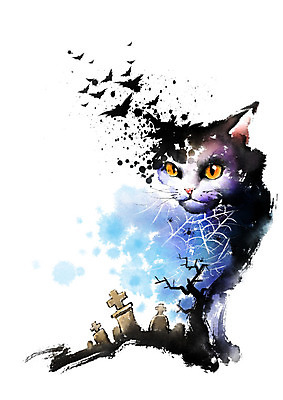 PSD 캐릭터 한마리 응시 십자가 일러스트 캘리그라피 붓터치 사람없음 고양이 할로윈 공동묘지 거미줄 비석 번짐 박쥐 국내일러스트 일러캐릭터 1 시선 포유류 반려동물 무덤 파일형식 효과