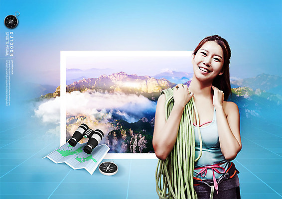 PSD 편집이미지 여자 밧줄 지도 산 한명 미소 사람 상반신 20대 성인 취미 앞모습 파란색 망원경 한국인 나침반 클라이밍 성인여자한명만 이미지편집 1 줄 뷰포인트 컬러 표정 동양인 청년 등반 여자한명만 성인여자만 파일형식