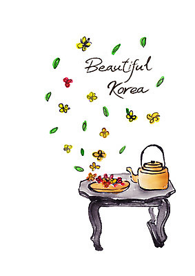 PSD 한국전통 접시 꽃잎 일러스트 캘리그라피 주전자 붓터치 사람없음 풀잎 번짐 다과상 국내일러스트 전통 식기 꽃 잎 주방용품 한국 풀_식물 다과 파일형식 효과