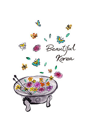 PSD 한국전통 꽃잎 나비 일러스트 캘리그라피 붓터치 사람없음 풀잎 번짐 화로 국내일러스트 전통 그릇 꽃 곤충 잎 한국 풀_식물 파일형식 효과