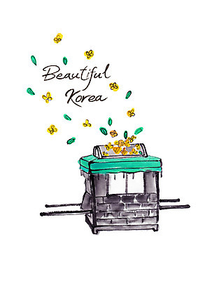 PSD 한국전통 꽃잎 가마_이동수단 일러스트 캘리그라피 붓터치 사람없음 풀잎 번짐 국내일러스트 전통 꽃 교통수단 잎 한국 풀_식물 파일형식 효과