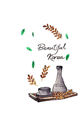 PSD 한국전통 술잔 일러스트 캘리그라피 붓터치 술병 사람없음 풀잎 번짐 막걸리 전통주 나무쟁반 국내일러스트 전통 잎 병_용기 잔 주류 한국 쟁반 목재 풀_식물 파일형식 효과