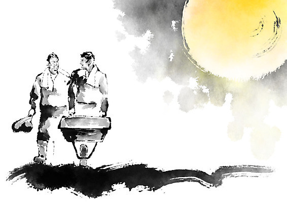 전신 PSD 남자 일러스트 캘리그라피 붓터치 미소 사람 성인 두명 마주보기 농사 수레 보름달 농부 번짐 논밭 남자만 성인남자만 국내일러스트 직업 밭 농업 모션 논 표정 카트 달 성인만 파일형식 효과