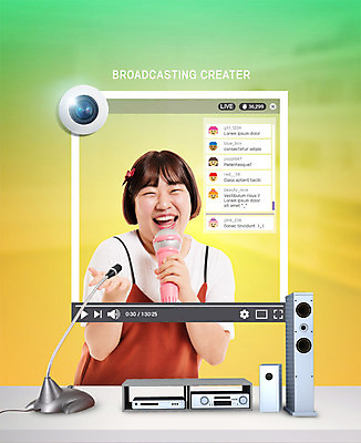 PSD 편집이미지 여자 노래 한명 미소 사람 상반신 20대 성인 카메라 촬영 스피커 한국인 마이크 즐거움 오디오 방송 채팅 성인여자한명만 인터넷방송 크리에이터 이미지편집 직업 1 감정 음악 음향기기 표정 동양인 청년 전자제품 여자한명만 성인여자만 파일형식 1인미디어