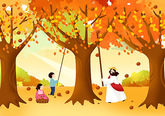 전신 PSD 여자 남자 기독교 어린이 일러스트 사람 세명 바구니 수확 가을 예수 장대 떨어짐 추수감사절 밤나무 밤따기 국내일러스트 나무 계절 종교 컨셉 농업 신_종교 밤_견과류 파일형식