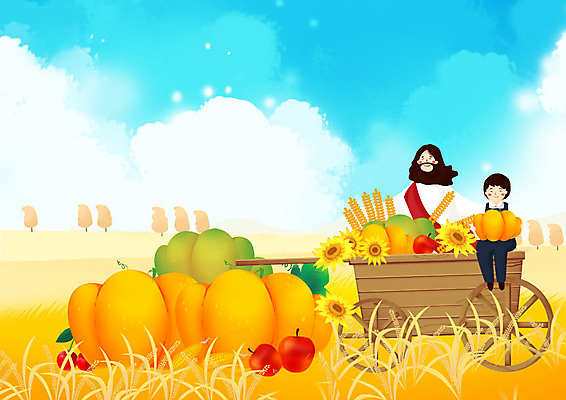 전신 PSD 구름 남자 기독교 어린이 과일 일러스트 안기 하늘 호박 해바라기 사람 초원 두명 농작물 수레 수확 가을 예수 추수감사절 벼이삭 국내일러스트 자연요소 계절 꽃 종교 농업 채소 모션 카트 신_종교 이삭 파일형식