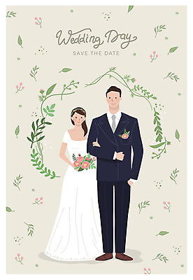 전신 부부 커플 여자 남자 꽃잎 행복 부케 웨딩드레스 결혼 일러스트 나뭇잎 미소 사람 성인 두명 팔짱 청첩장 신랑신부 성인만 국내일러스트 AI파일 드레스 꽃 감정 신부_웨딩 꽃다발 신랑 잎 관계 모션 카드_감사 표정 이벤트 파일형식 벡터