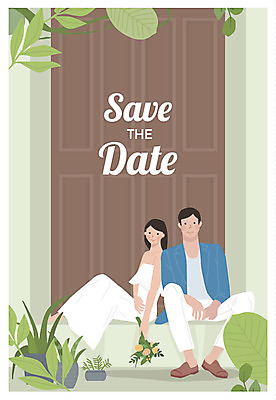 전신 부부 커플 여자 남자 행복 부케 웨딩드레스 결혼 일러스트 나뭇잎 미소 사람 앉기 성인 두명 청첩장 신랑신부 성인만 국내일러스트 AI파일 드레스 감정 신부_웨딩 꽃다발 신랑 잎 관계 모션 카드_감사 표정 이벤트 파일형식 벡터