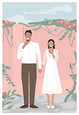 전신 부부 커플 여자 남자 꽃 행복 결혼 일러스트 나뭇잎 서기 미소 사람 성인 두명 손잡기 먹기 청첩장 콘아이스크림 신랑신부 성인만 국내일러스트 AI파일 식물 감정 신부_웨딩 신랑 잎 관계 모션 아이스크림 카드_감사 표정 이벤트 파일형식 벡터