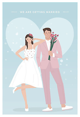 전신 부부 커플 여자 남자 행복 꽃다발 결혼 일러스트 서기 미소 사람 성인 두명 기댐 하트 청첩장 예복 신랑신부 성인만 국내일러스트 AI파일 모양 옷 꽃 감정 신부_웨딩 신랑 관계 모션 카드_감사 표정 이벤트 파일형식 벡터