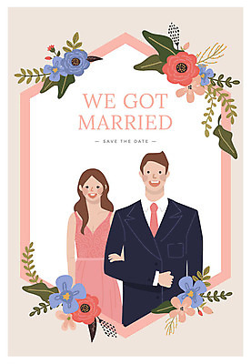 부부 커플 여자 남자 꽃잎 행복 결혼 일러스트 나뭇잎 미소 사람 정장 상반신 성인 두명 팔짱 청첩장 신랑신부 성인만 국내일러스트 AI파일 옷 꽃 감정 신부_웨딩 신랑 잎 관계 모션 카드_감사 표정 이벤트 파일형식 벡터