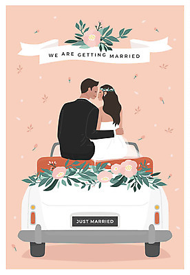 부부 커플 여자 남자 꽃잎 꽃 행복 허리손 결혼 일러스트 나뭇잎 키스 사람 앉기 상반신 성인 두명 오픈카 청첩장 웨딩카 신랑신부 성인만 국내일러스트 AI파일 식물 감정 신부_웨딩 포즈 신랑 잎 관계 모션 승용차 자동차 카드_감사 이벤트 애정표현 파일형식 벡터
