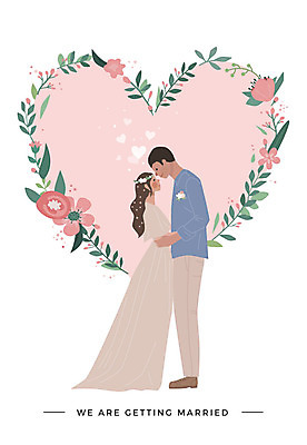전신 부부 커플 여자 남자 꽃 행복 결혼 일러스트 안기 나뭇잎 미소 사람 성인 두명 마주보기 하트 청첩장 신랑신부 성인만 국내일러스트 AI파일 모양 식물 감정 신부_웨딩 신랑 잎 관계 모션 카드_감사 표정 이벤트 파일형식 벡터