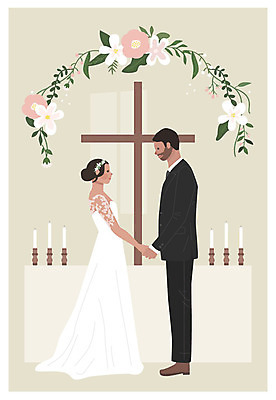 전신 부부 커플 여자 남자 꽃 행복 웨딩드레스 결혼 십자가 일러스트 촛불 탁자 나뭇잎 미소 사람 성인 두명 마주보기 손잡기 청첩장 신랑신부 성인만 국내일러스트 AI파일 식물 드레스 감정 신부_웨딩 가구 신랑 잎 초 관계 모션 카드_감사 표정 이벤트 파일형식 벡터