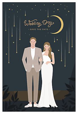 전신 부부 커플 여자 남자 행복 별 웨딩드레스 결혼 일러스트 나뭇잎 서기 미소 사람 성인 두명 팔짱 야간 초승달 청첩장 신랑신부 성인만 국내일러스트 AI파일 자연요소 드레스 감정 신부_웨딩 신랑 잎 관계 모션 카드_감사 표정 이벤트 달 파일형식 벡터