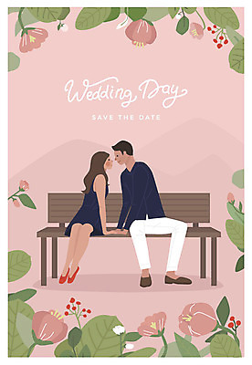 전신 부부 커플 여자 남자 꽃잎 꽃 행복 결혼 벤치 일러스트 미소 사람 앉기 성인 두명 마주보기 청첩장 신랑신부 성인만 국내일러스트 AI파일 식물 감정 신부_웨딩 신랑 의자 관계 모션 카드_감사 표정 이벤트 파일형식 벡터
