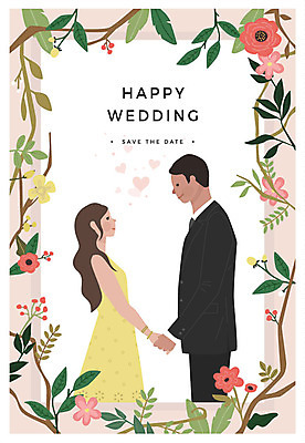 부부 커플 응시 여자 남자 꽃잎 꽃 행복 결혼 일러스트 미소 사람 상반신 성인 두명 마주보기 손잡기 나뭇가지 청첩장 신랑신부 성인만 국내일러스트 AI파일 나무 식물 시선 감정 신부_웨딩 신랑 관계 모션 카드_감사 표정 이벤트 파일형식 벡터